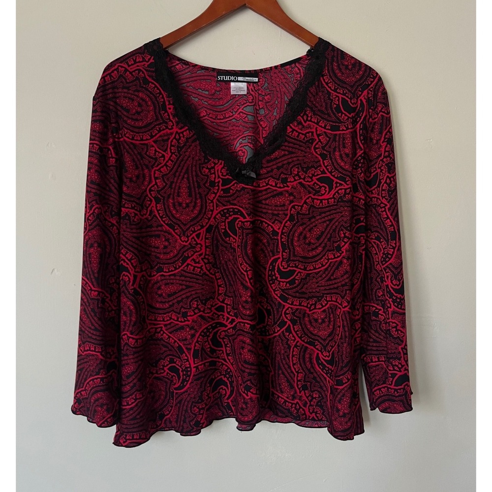 Studio Donatella Red Black Paisley Lace V-Neck Swing Top Y2K Baby Doll XL